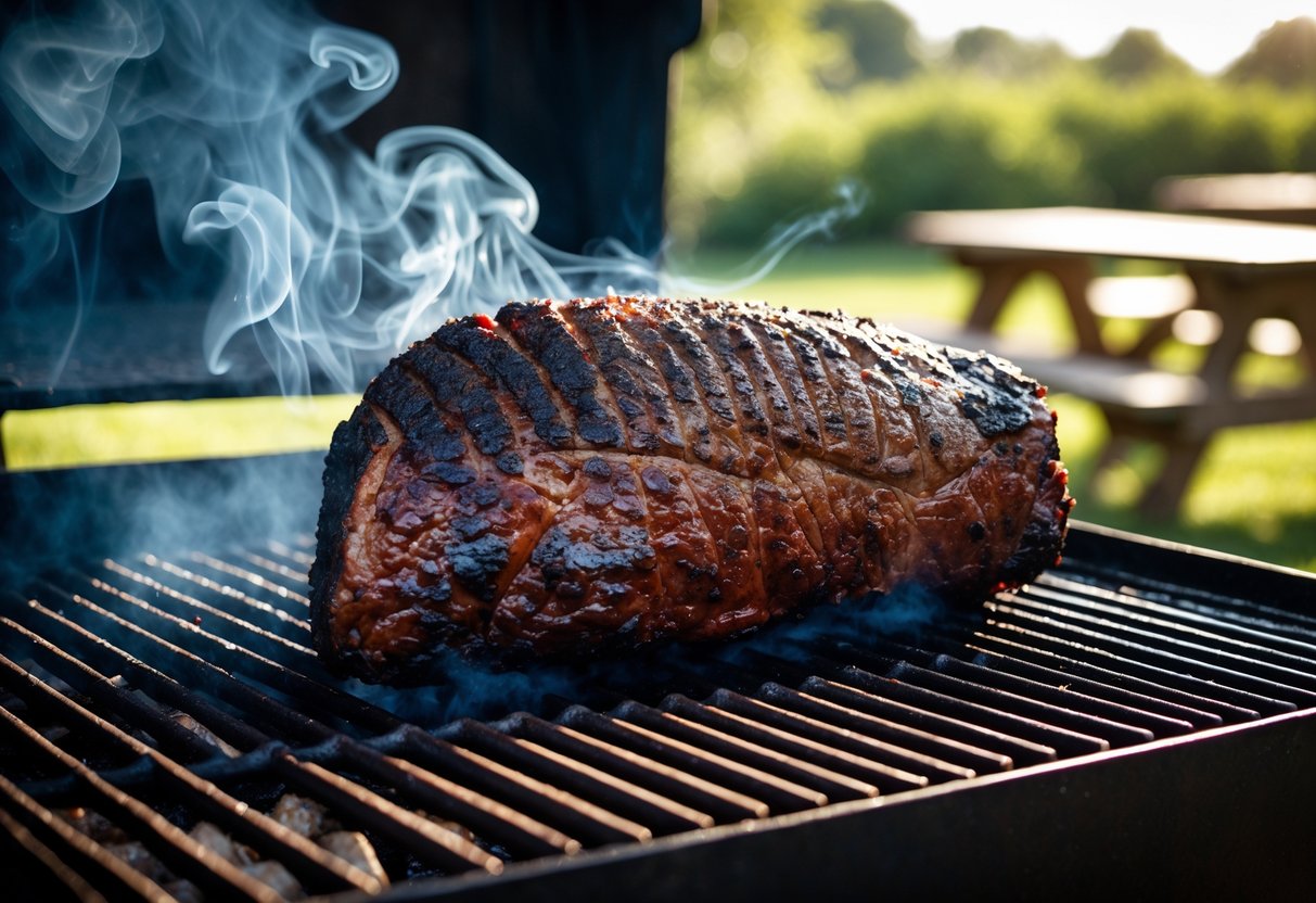 A large smoked brisket cooking on a BBQ grill with smoke rising in an outdoor setting.
