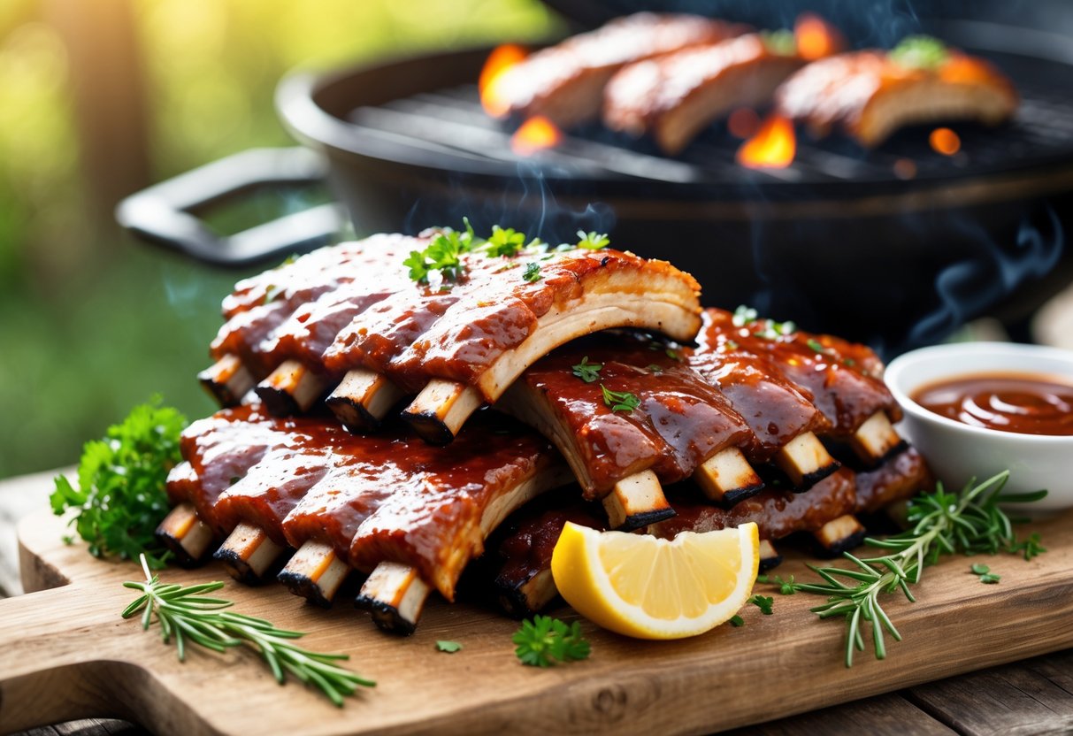 A plate of tangy BBQ grilled ribs on a wooden board with herbs, lemon wedges, and a bowl of barbecue sauce, with an outdoor grill in the background.