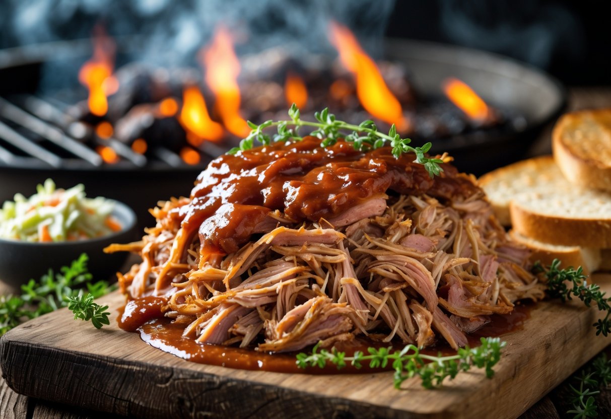 Close-up of tender pulled pork coated in barbecue sauce on a wooden board with herbs, coleslaw, and toasted bread nearby.