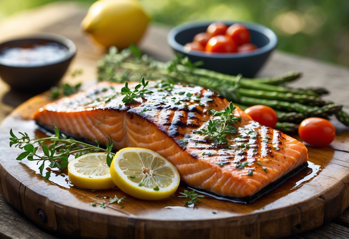 Grilled salmon fillet with lemon slices and fresh herbs on a wooden platter, accompanied by grilled vegetables.