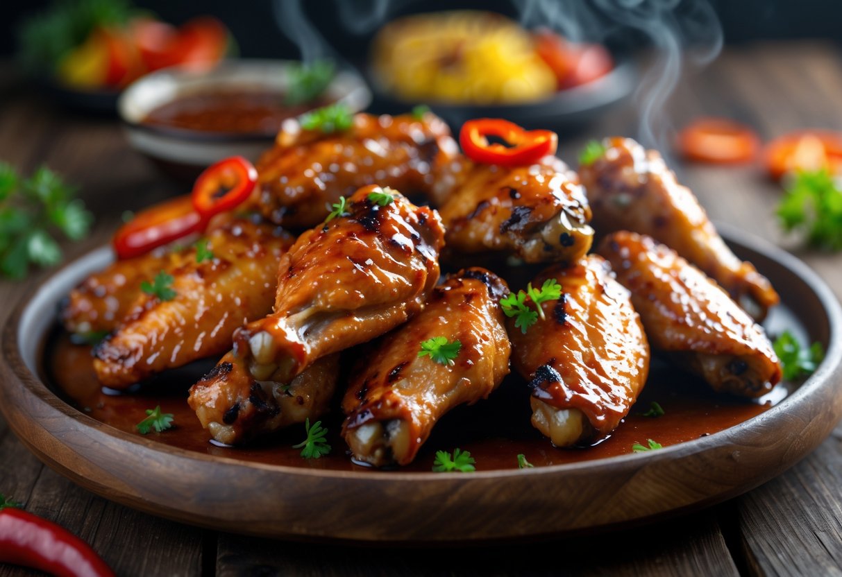 A plate of spicy BBQ grilled chicken wings garnished with parsley and sliced chili peppers on a wooden platter.
