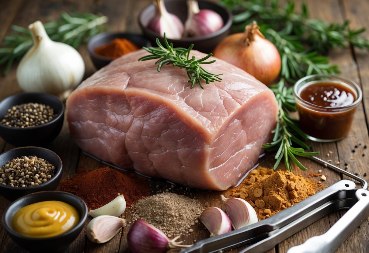 A wooden table with raw pork shoulder surrounded by spices, herbs, barbecue sauce, and cooking utensils.