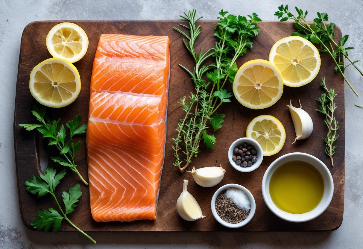 Fresh ingredients including salmon fillet, lemon slices, herbs, garlic, salt, pepper, and olive oil arranged on a wooden cutting board.