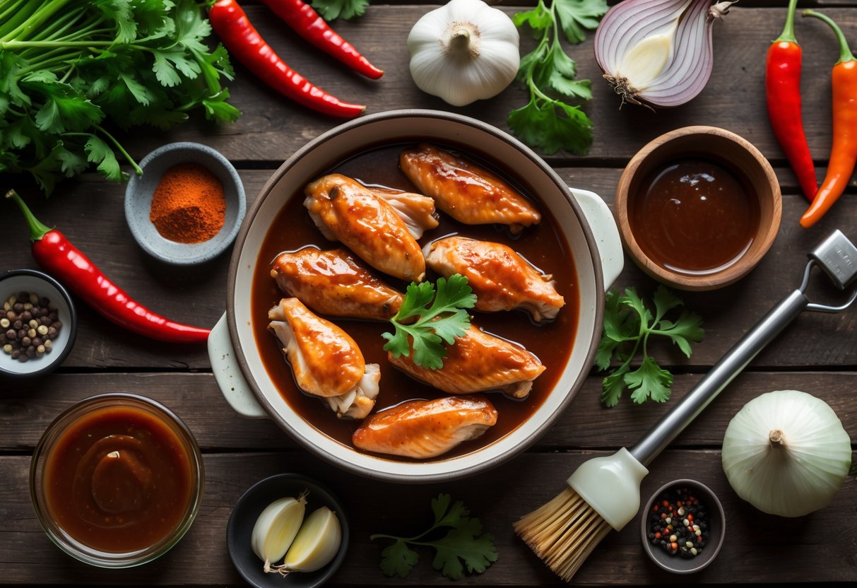 A table with raw chicken wings in spicy BBQ sauce surrounded by chili peppers, garlic, onions, paprika, honey, herbs, and BBQ sauce bowls.