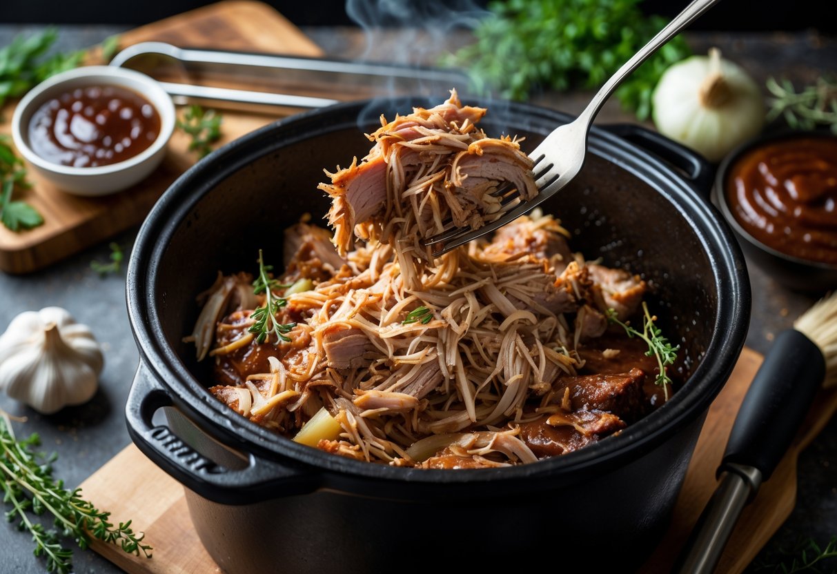 Close-up of shredded pulled pork being lifted from a pot surrounded by fresh ingredients and BBQ sauce in a kitchen setting.