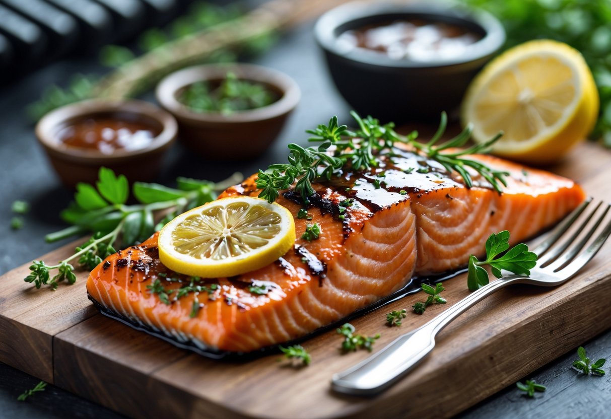 Grilled salmon fillet with lemon slices and fresh herbs on a wooden board with bowls of sauce nearby.