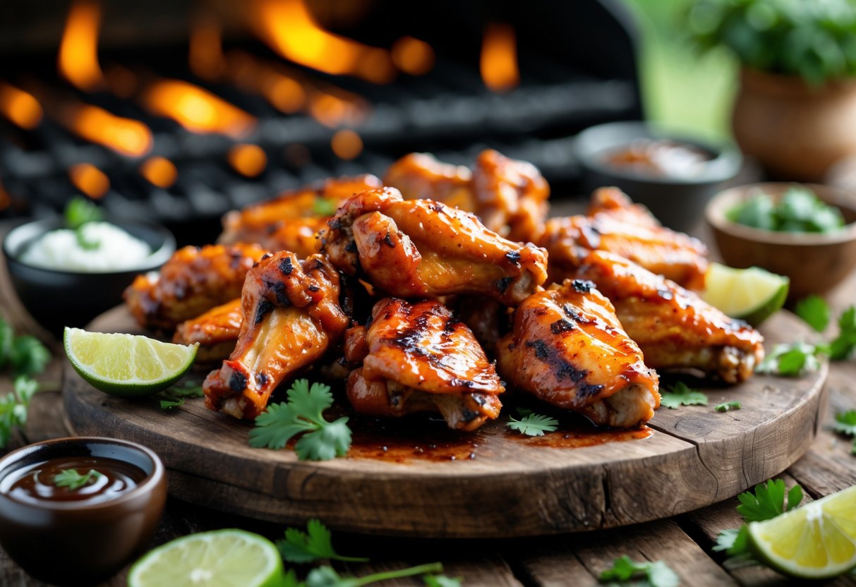 Close-up of spicy BBQ grilled chicken wings on a wooden platter with dipping sauces and lime slices in an outdoor grill setting.