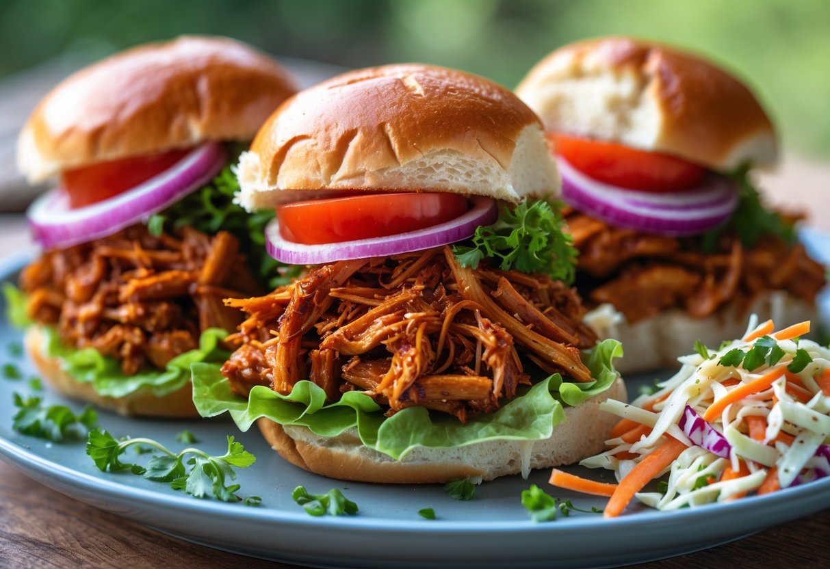 Three vegan BBQ jackfruit sliders on a plate with lettuce, tomato, and red onion, accompanied by a side of coleslaw.