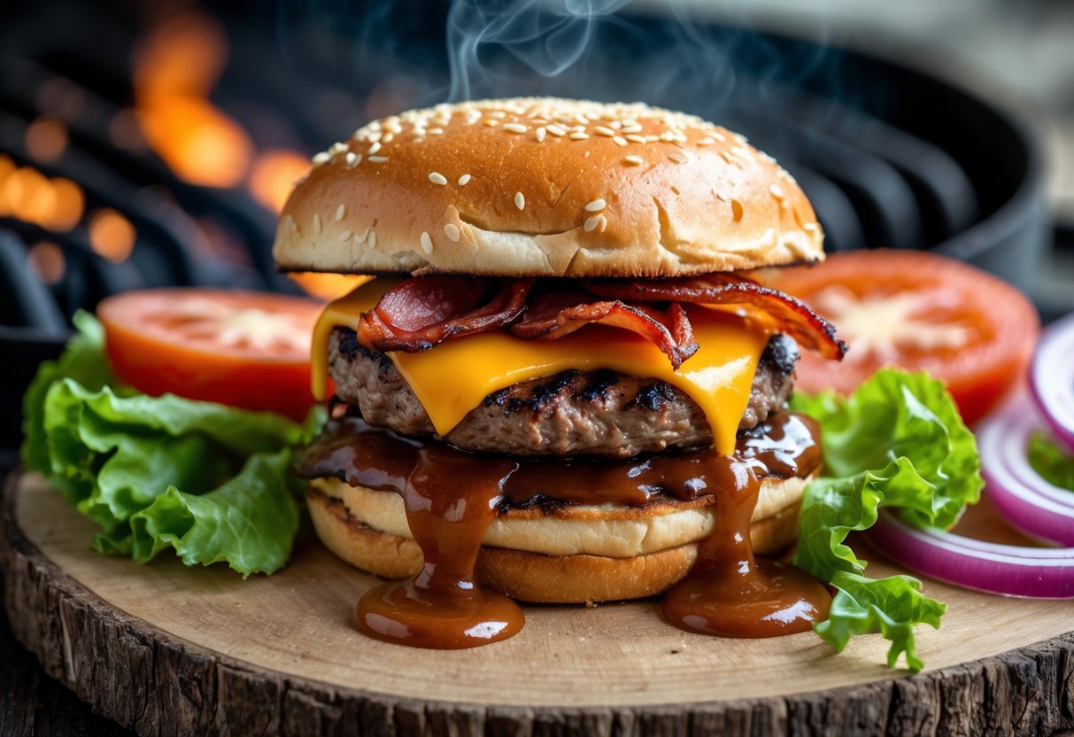 A close-up of a grilled cheddar bacon BBQ burger with lettuce, tomato, and onions on a wooden board.