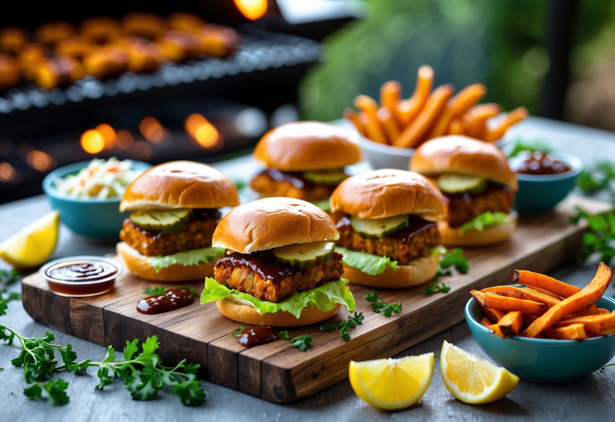A platter of vegan BBQ jackfruit sliders with lettuce and pickles, accompanied by bowls of BBQ sauce, coleslaw, and sweet potato fries on a wooden surface.
