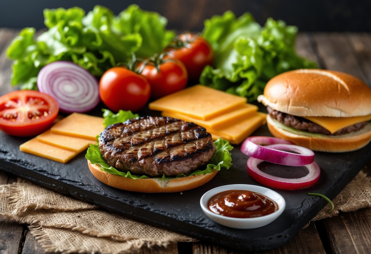 Fresh ingredients including bacon, cheddar cheese, lettuce, tomato, onion, grilled beef patty, burger bun, and BBQ sauce arranged on a wooden surface.