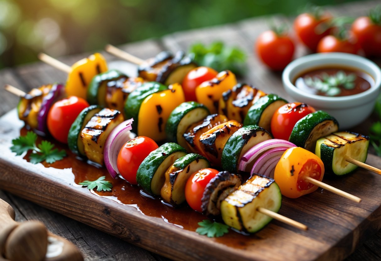 Grilled vegetable skewers glazed with BBQ sauce arranged on a wooden board with a bowl of sauce and fresh herbs nearby.