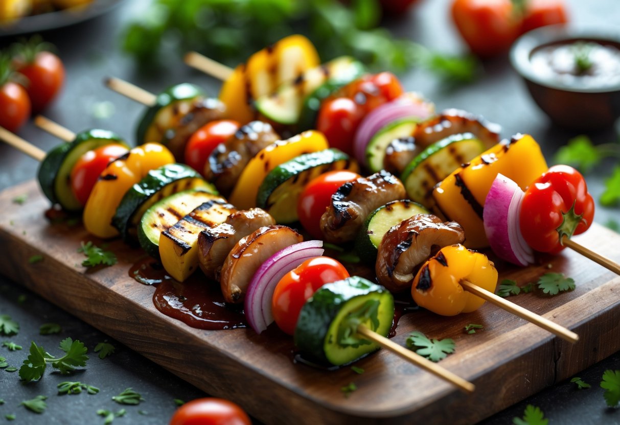 Grilled vegetable skewers with BBQ glaze arranged on a wooden board with fresh herbs and a bowl of BBQ sauce nearby.
