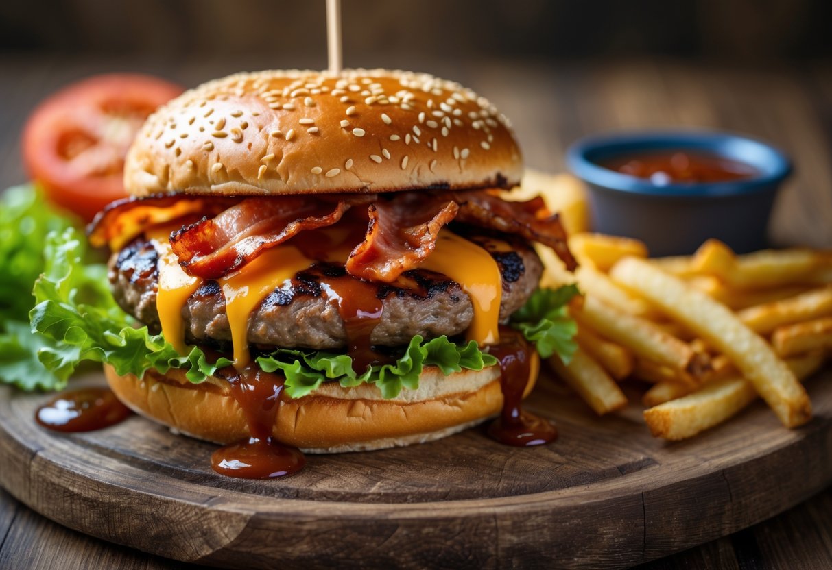 A grilled cheddar bacon BBQ burger with lettuce and tomato on a toasted bun, served with fries and barbecue sauce on a wooden board.