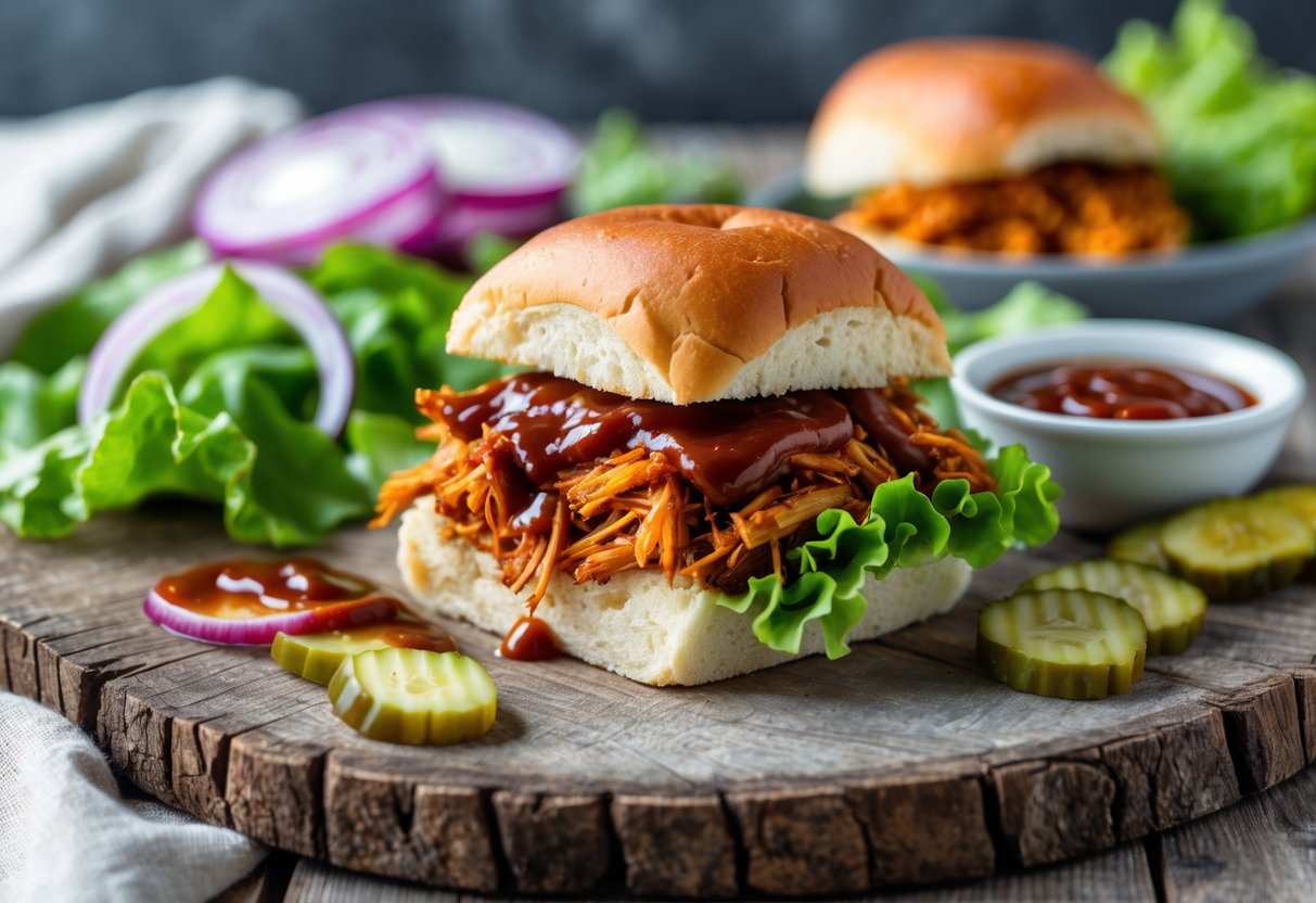 A vegan BBQ jackfruit slider on a wooden board with fresh lettuce, tomato, and BBQ sauce, surrounded by sliced onions and pickles.