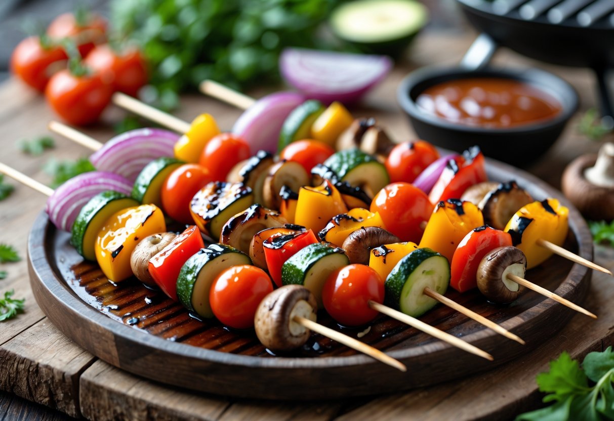 Grilled vegetable skewers with bell peppers, zucchini, onions, and tomatoes on a wooden platter, coated with BBQ glaze.