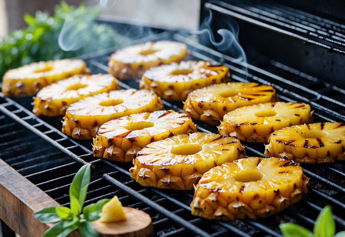 Grilled caramelized pineapple slices on a barbecue grill with visible caramelization and grill marks.