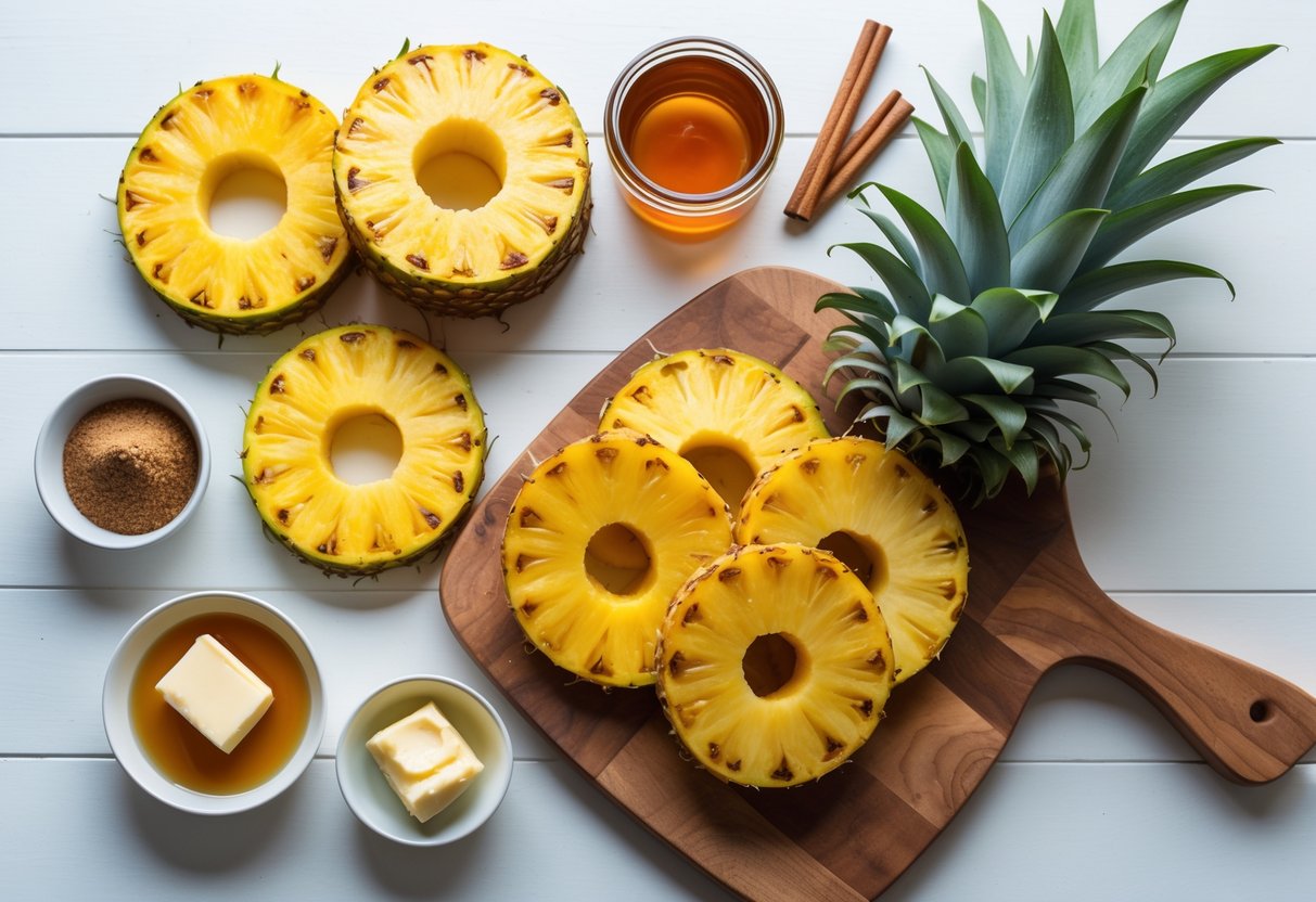 Fresh pineapple slices, brown sugar, honey, cinnamon sticks, and butter arranged on a wooden surface for a grilled dessert recipe.