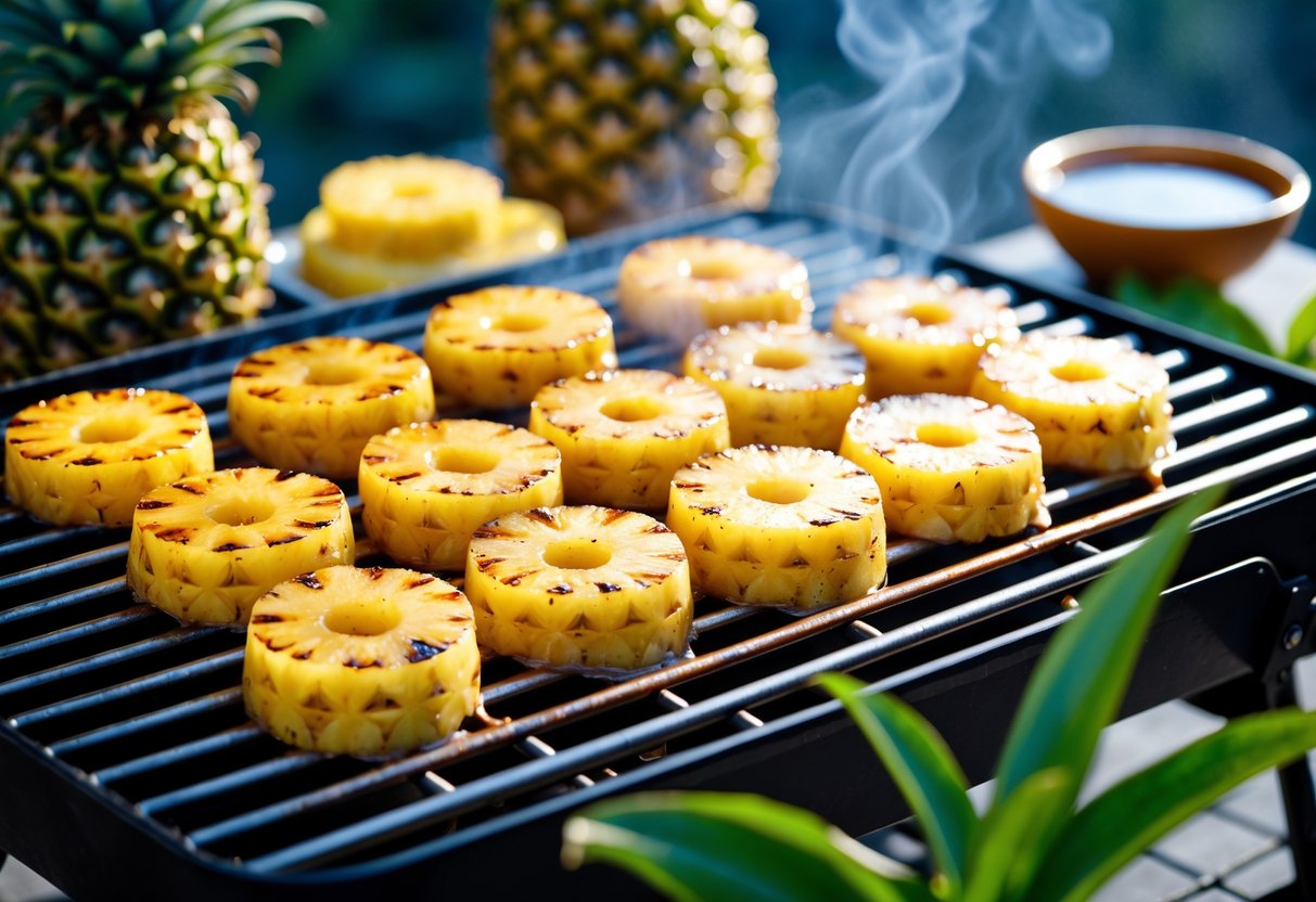 Grilled caramelized pineapple slices on a barbecue grill with fresh pineapples and caramel sauce nearby.