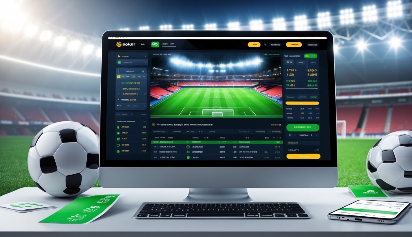 Seseorang menggunakan komputer dengan tampilan taruhan sepak bola online di layar, dikelilingi bola sepak dan latar stadion.