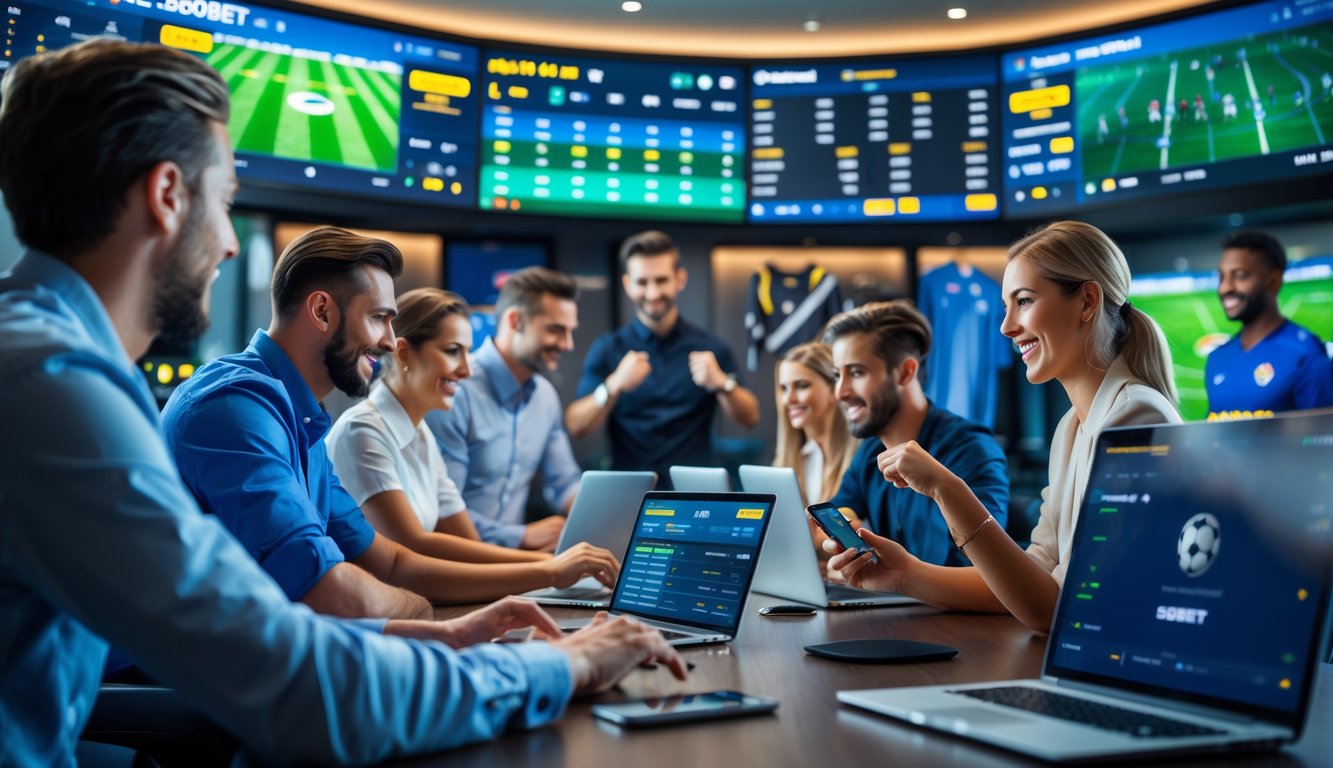 Sekelompok orang yang sedang menggunakan perangkat digital untuk memasang taruhan sepak bola di sebuah ruang modern dengan layar menampilkan pertandingan sepak bola.