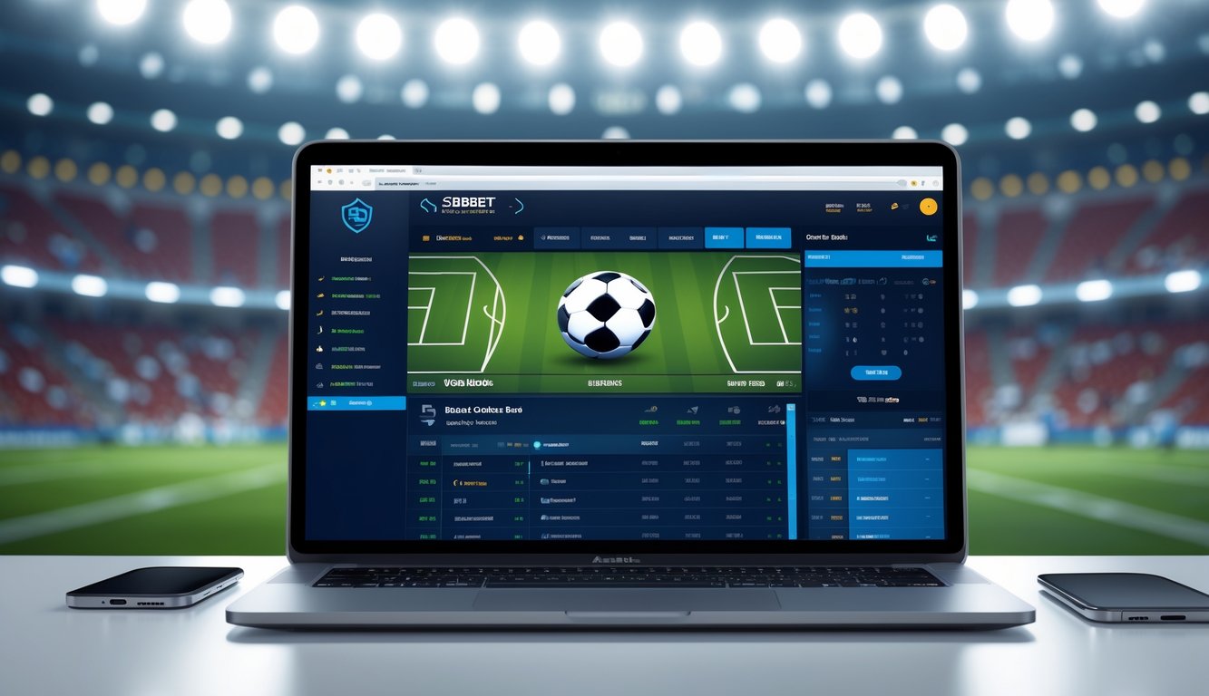 Seorang pengguna sedang melihat platform taruhan olahraga interaktif di laptop dan ponsel di atas meja dengan latar belakang stadion olahraga yang samar.