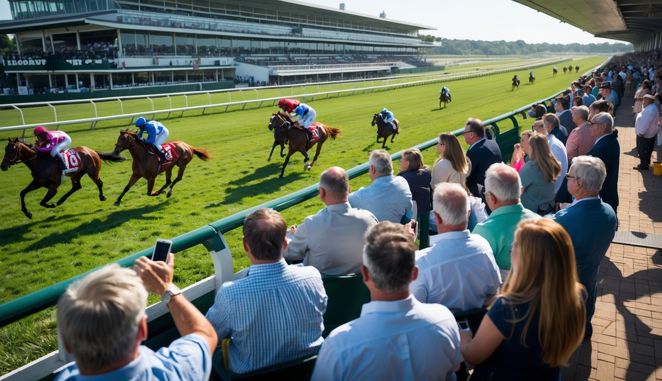 Beberapa kuda pacuan berlari di lintasan dengan penonton dan petaruh yang antusias menyaksikan perlombaan.