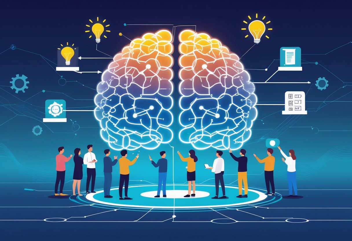 A group of people gathered around a glowing brain-shaped network with interconnected nodes and icons representing quick thinking and decision-making.
