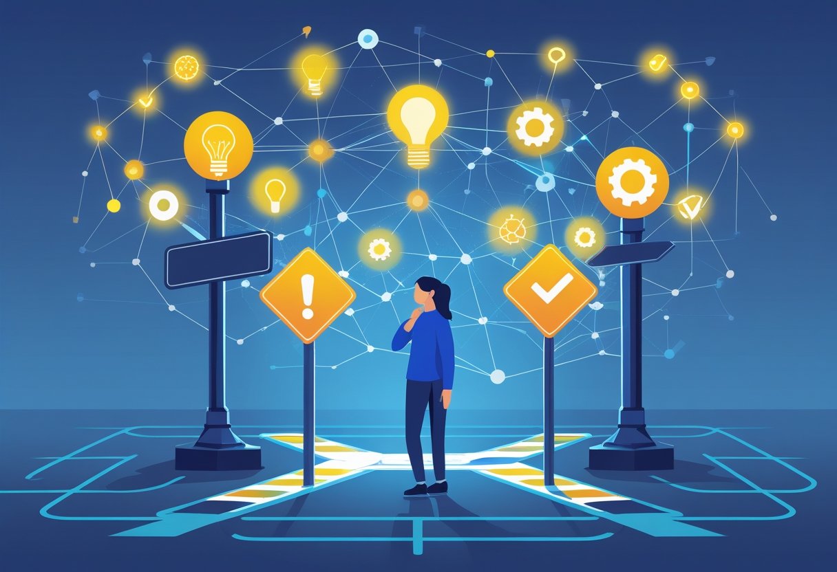 A person standing at a crossroads with multiple signposts and glowing icons above, surrounded by a network of interconnected nodes representing decision-making.