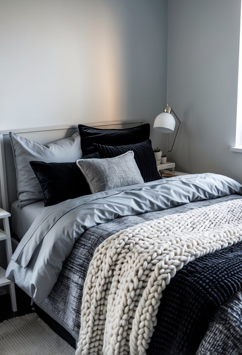A neatly made dorm bed with layered monochrome bedding in shades of gray, black, and white, featuring various textured pillows and blankets.