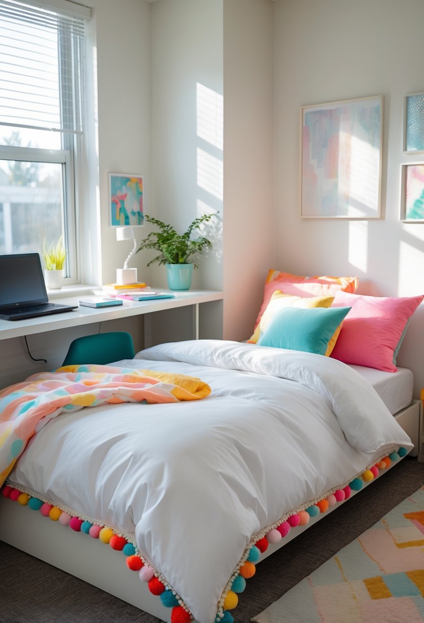 A dorm room with a bed covered in a white pom pom duvet cover, colorful pillows, a desk with a laptop, and a small plant near a window.