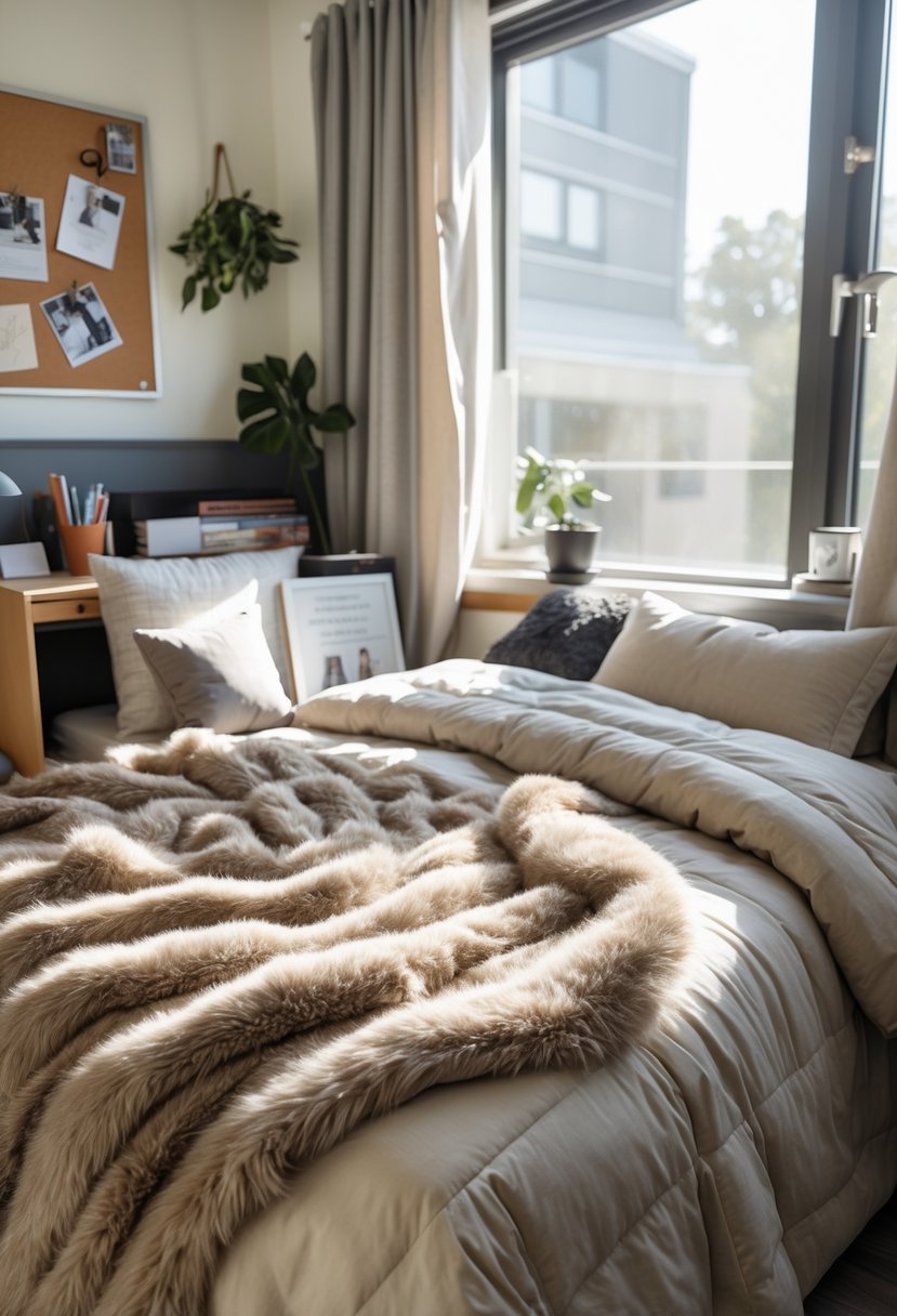A dorm room bed with a soft faux fur throw, pillows, and bedding, next to a desk with books and a plant.