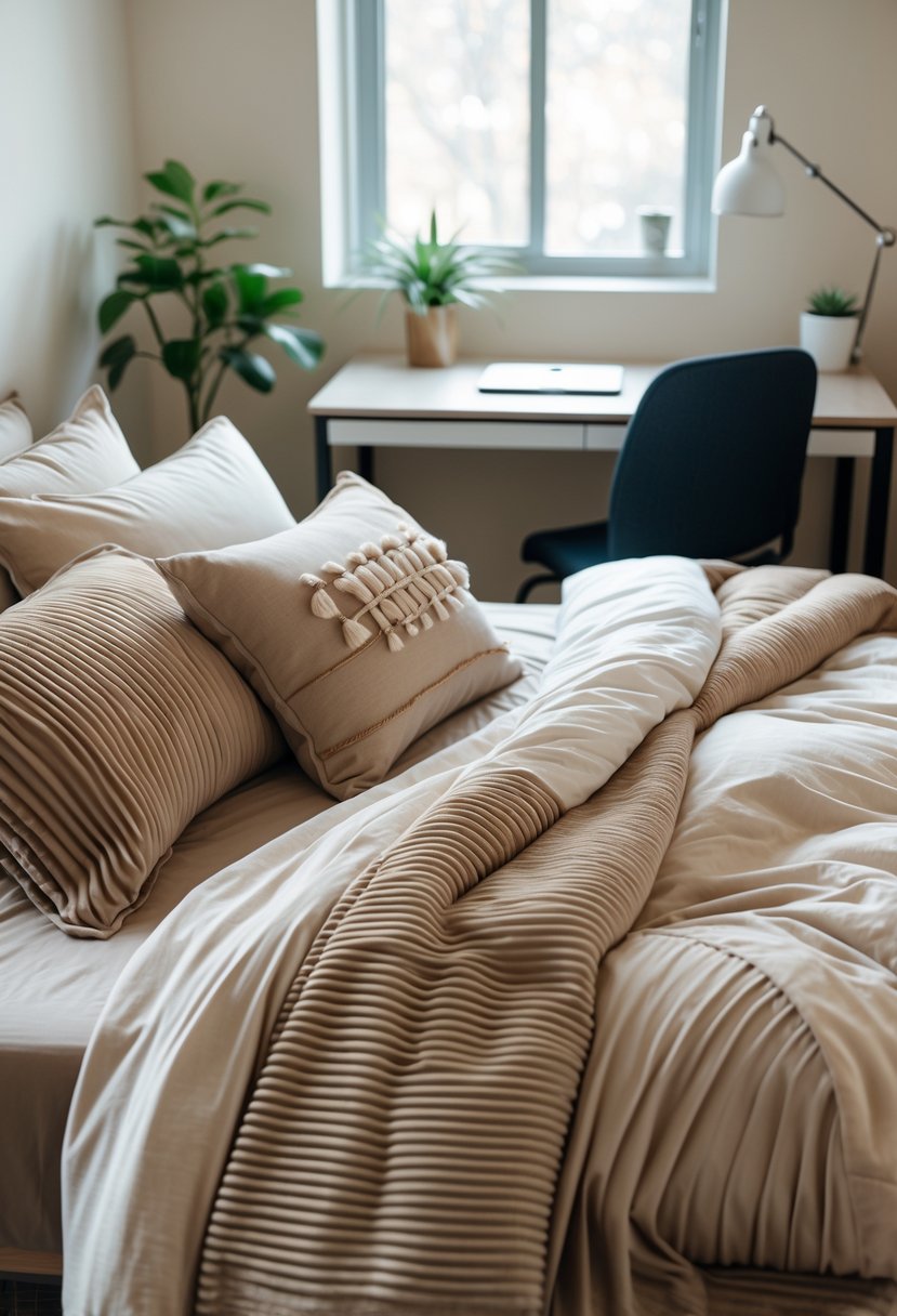A neatly made dorm bed with ribbed pillowcases and neutral bedding in a simple, cozy dorm room with a desk and plant in the background.