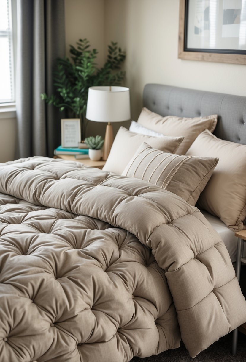 A neatly made dorm room bed with a tufted comforter, pillows, a bedside table with a lamp and books, and a small potted plant.