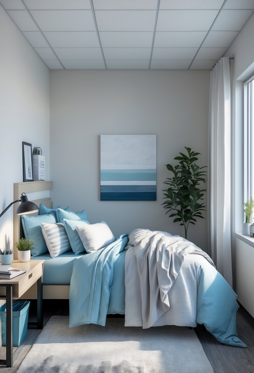 A neatly made dorm bed with coordinated blue and gray bedding in a clean, organized room with a desk, lamp, and plant.