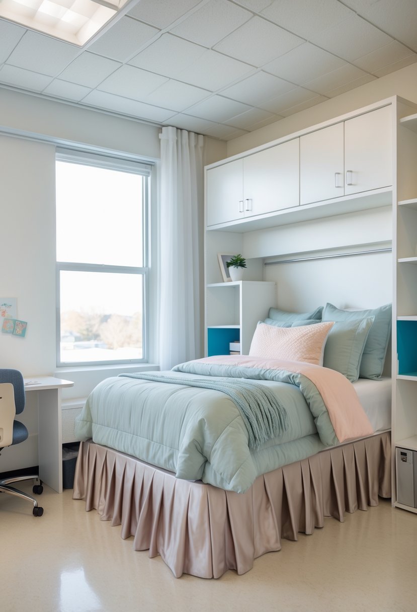 A neatly made dorm bed with long bed skirts in a bright, tidy dorm room with a desk, chair, and shelves.