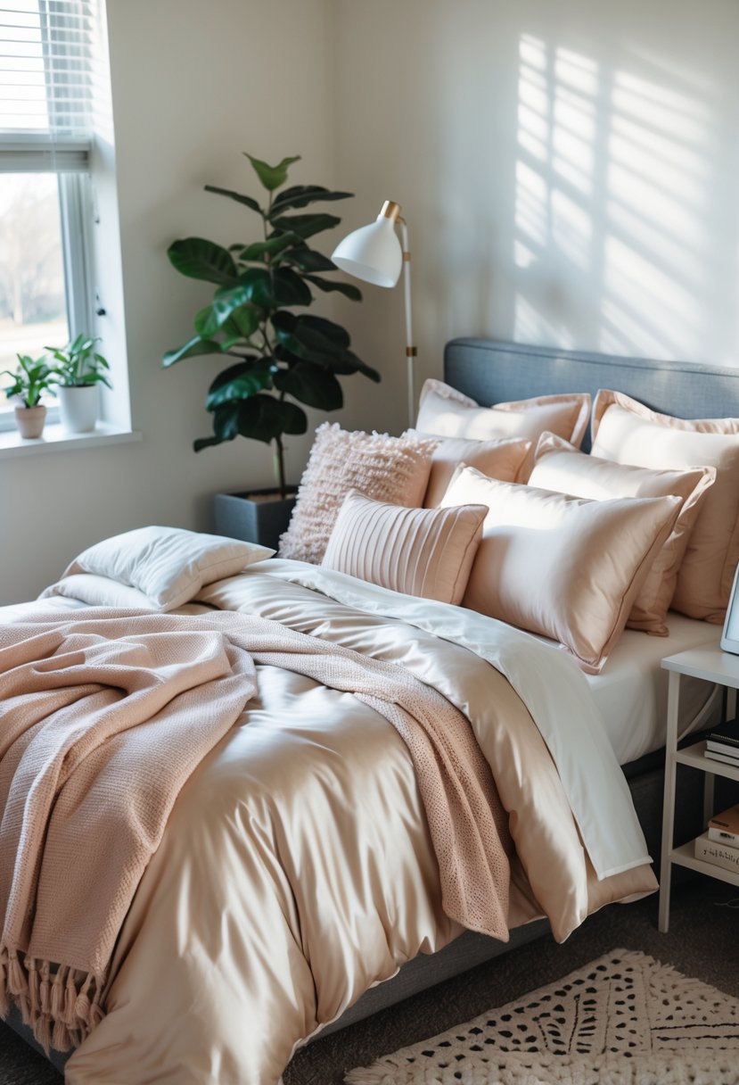 A neatly made dorm bed with a mix of shiny and matte fabrics, surrounded by simple room decor including a plant, lamp, and books.