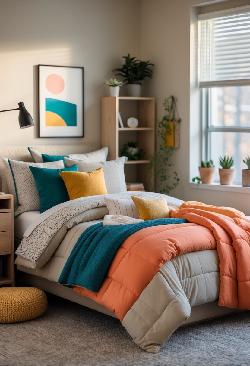 A dorm room with a neatly made bed featuring neutral bedding and bright colorful pillows, surrounded by a desk, bookshelf, plants, and soft natural light.