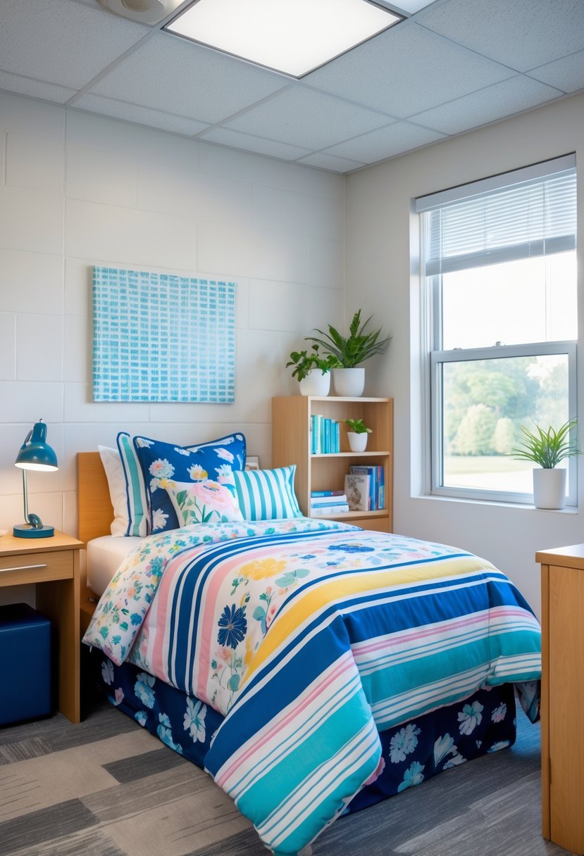 A dorm room with a twin bed featuring bedding that mixes striped and floral patterns, surrounded by a desk, bookshelf, and natural light from a window.