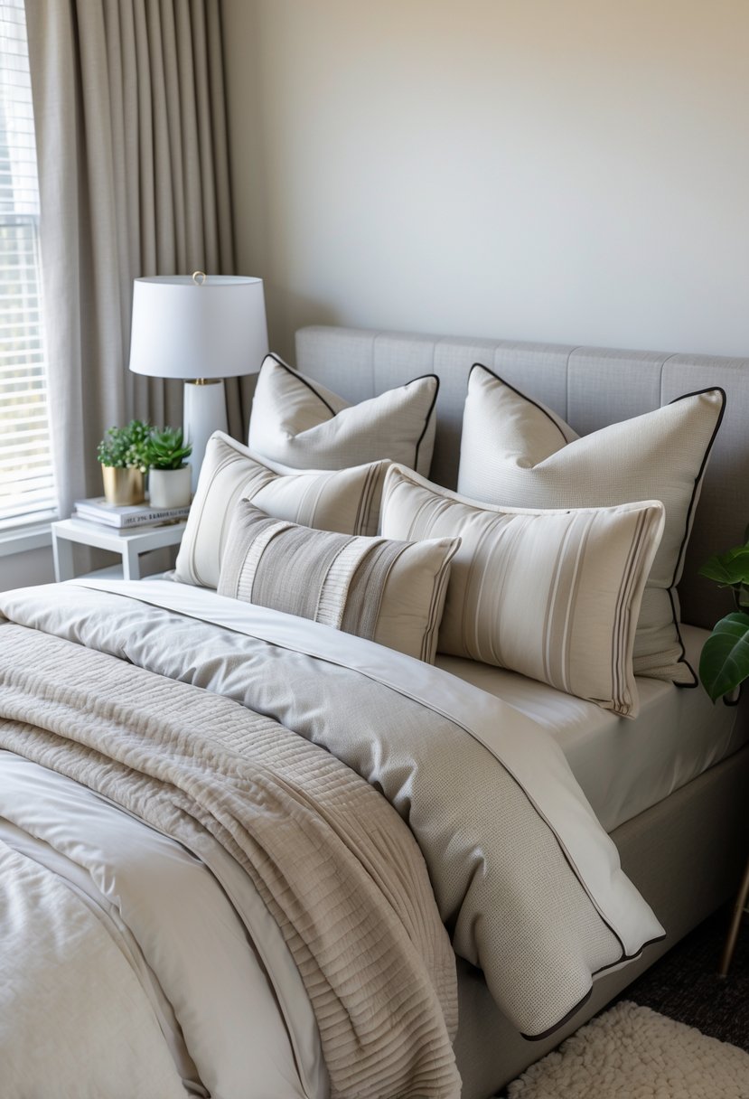 A neatly made dorm bed with shams and large euro pillows arranged against the headboard in a clean, well-lit room.