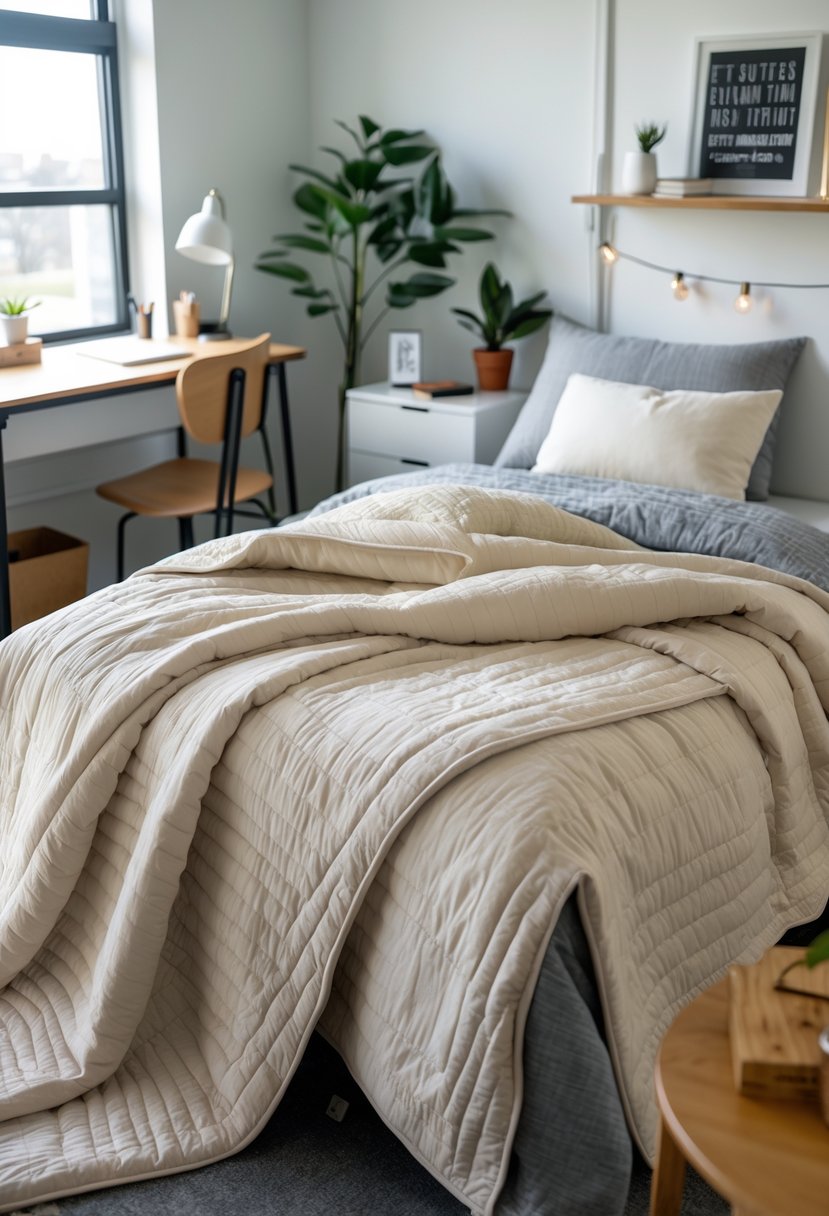 A dorm room with a neatly made bed covered by a lightweight quilt, a desk with a lamp, books, and plants near a window letting in natural light.