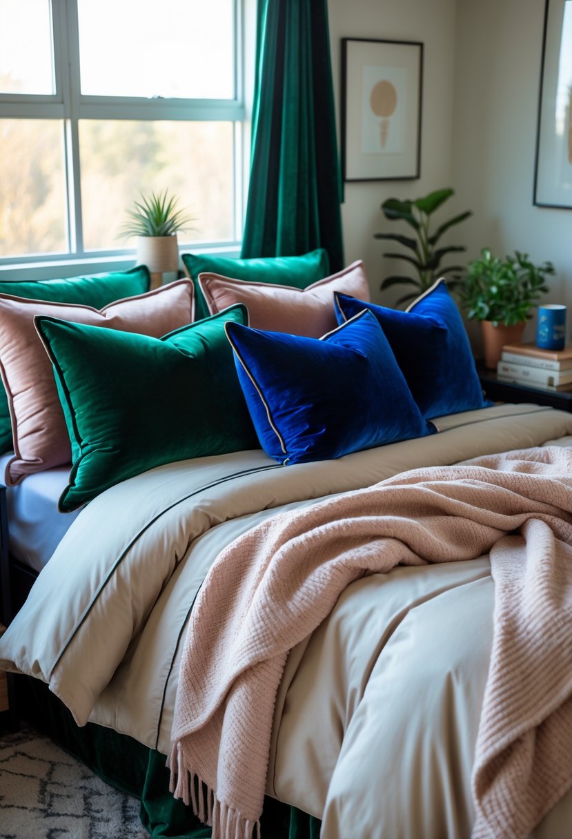 A neatly made dorm bed with velvet pillows in rich colors, a comforter, and a throw blanket, next to a bedside table with a plant and books.