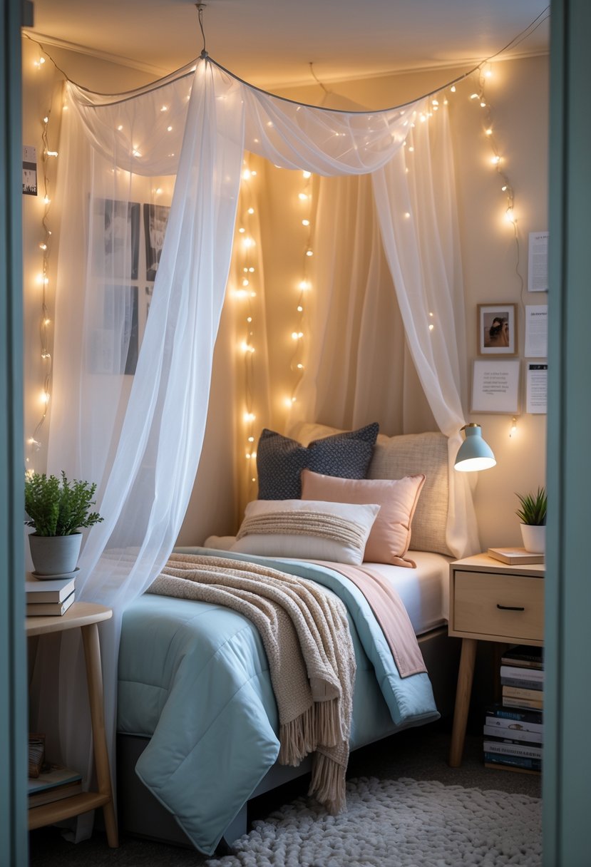 A cozy dorm room corner with a bed covered by a light fabric canopy, soft bedding, pillows, string lights, and a small nightstand with plants and books.