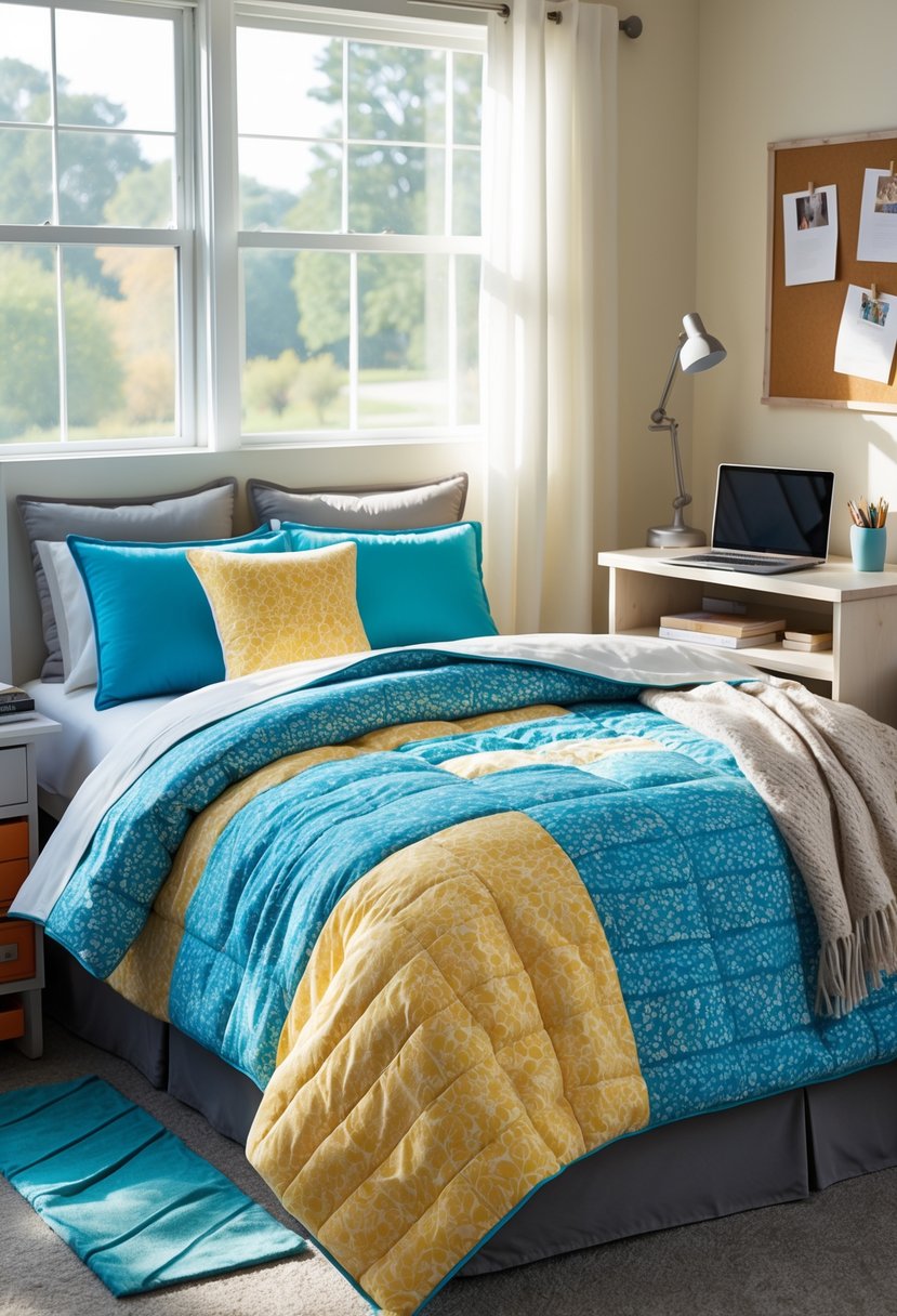 A college dorm room with a bed featuring a reversible comforter, surrounded by study materials and natural light.