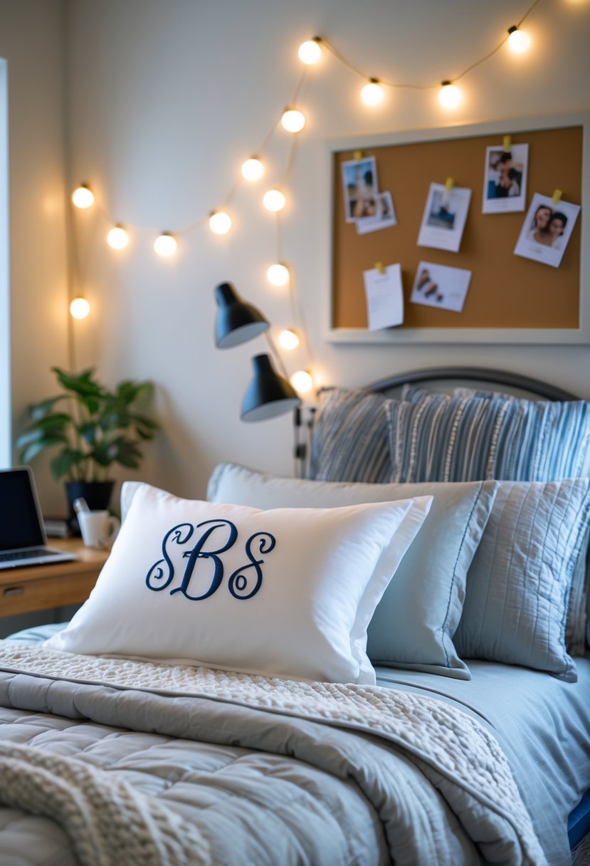 A cozy dorm room with a neatly made bed featuring personalized monogrammed pillowcases and decorative bedding, surrounded by typical dorm room items.