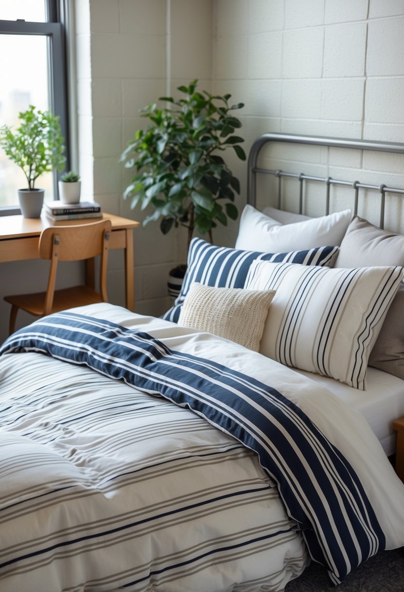 A neatly made dorm bed with a striped duvet cover in a cozy room with a desk, plant, and books.