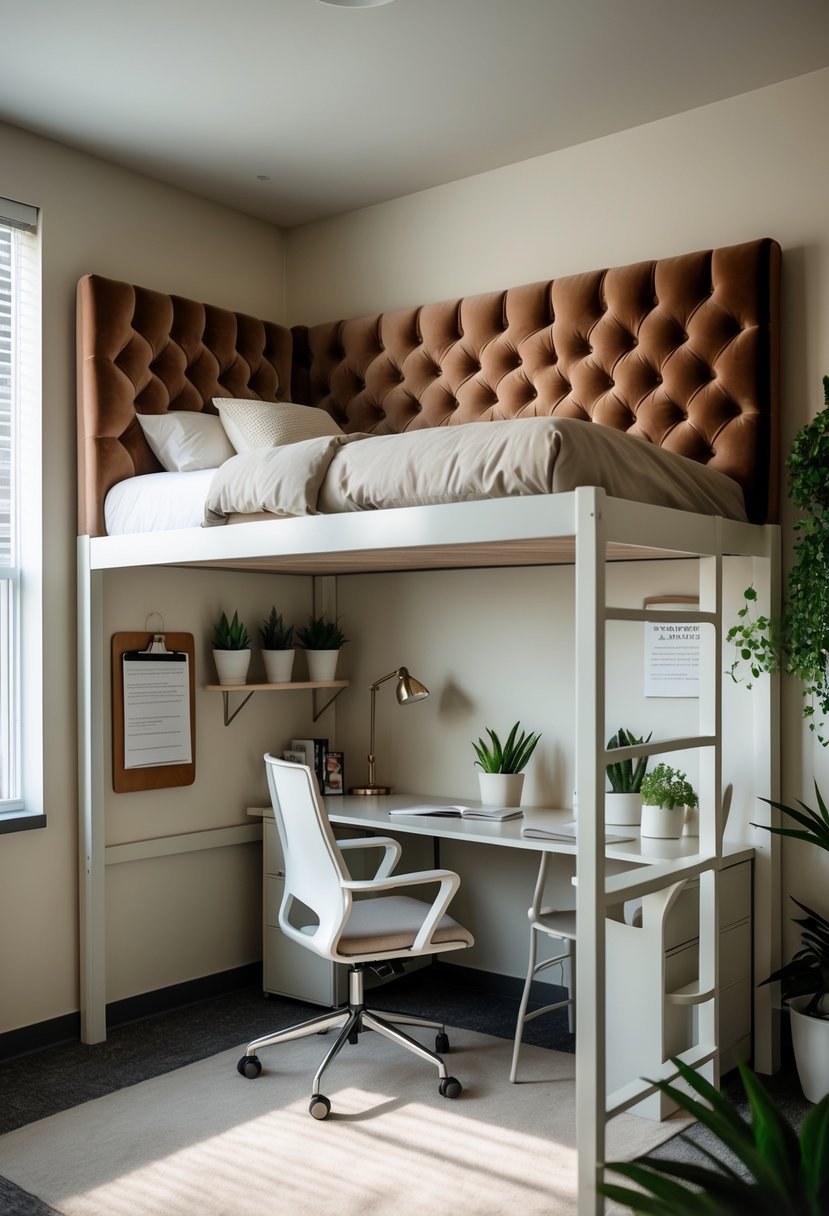 A dorm room with an elevated loft bed featuring a tufted velvet headboard, a desk underneath, and natural light coming through a window.