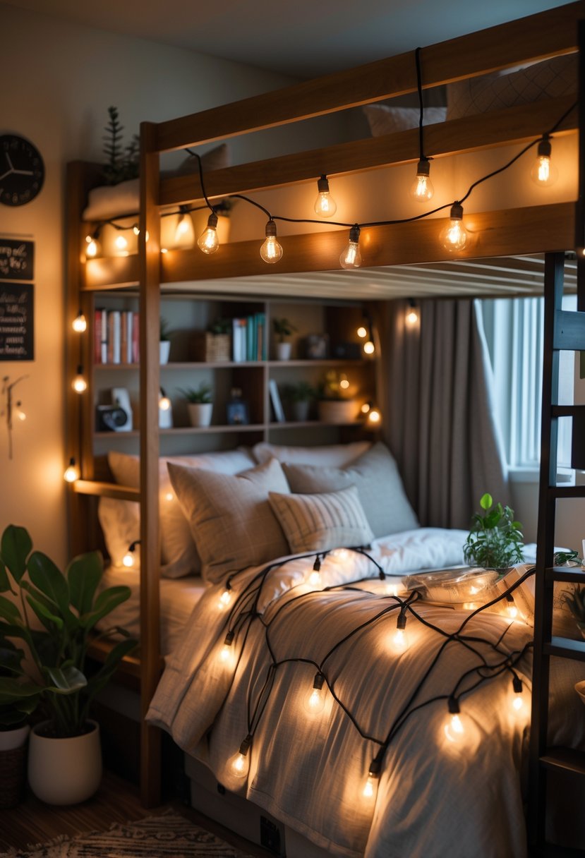 A lofted bed in a dorm room illuminated by warm Edison bulb string lights, with shelves, plants, and cozy decor around.
