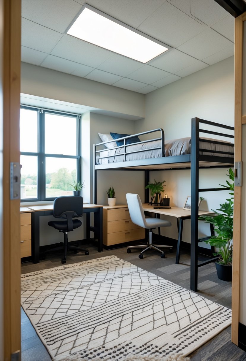 A dorm room with a lofted bed and a geometric patterned rug underneath, featuring a desk, chair, and plants.