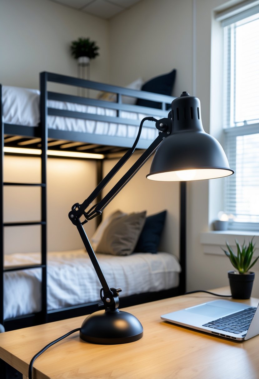 Matte black adjustable desk lamp on a wooden desk in a dorm room with a lofted bed in the background.